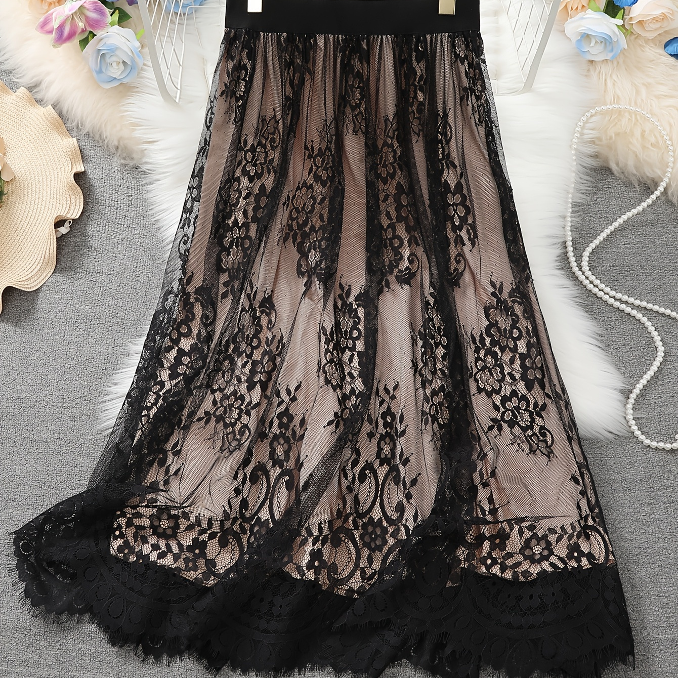 

-size Skirt For Women - High-waisted, A-line Silhouette With Intricate Lace Detailing, Lightweight Polyester, Machine Washable - All , Wear|intricate Lace Design|knitted Fabric, Lace Trim