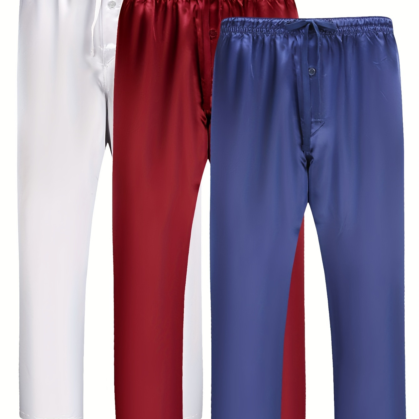 

3pcs Men's Satin Pajama Pants, Ice Silk Cool Feeling Sleep Pants, Casual Comfy Elastic Waistband Home Clothes Pants With Pockets