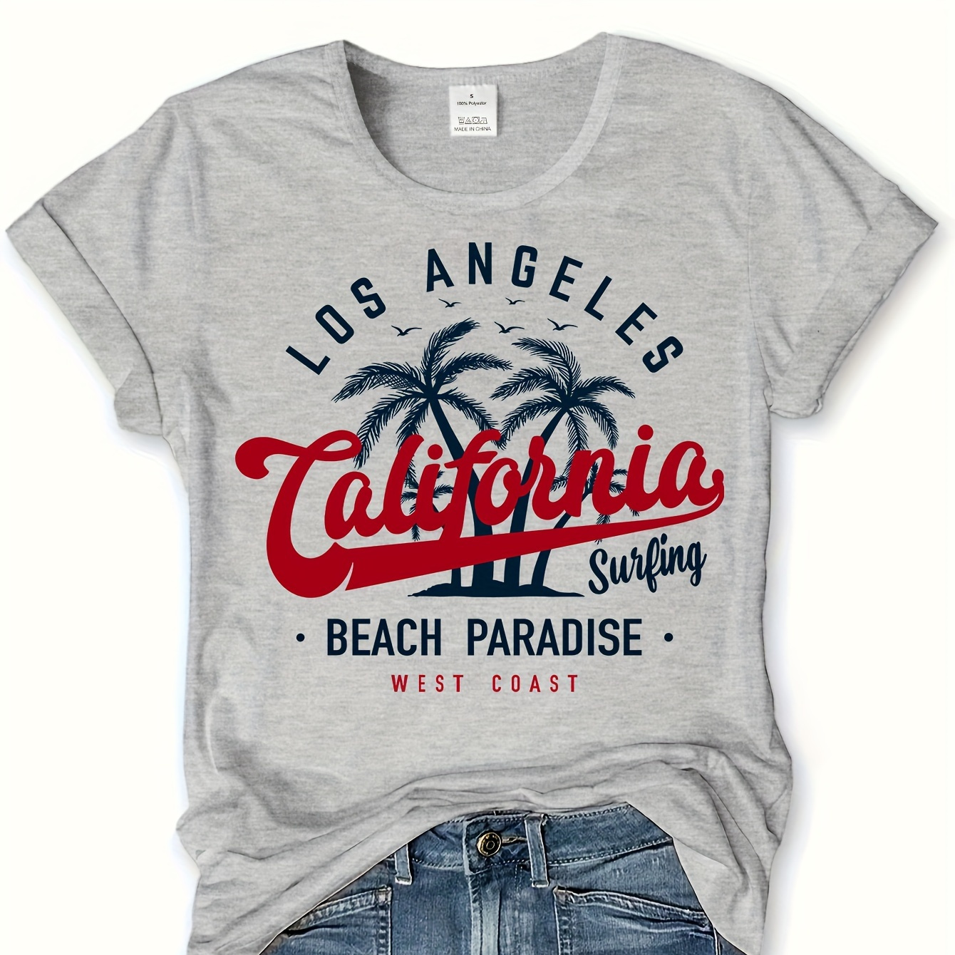 

California Print T-shirt, Short Sleeve Crew Neck Casual Top For Summer & Spring, Women's Clothing