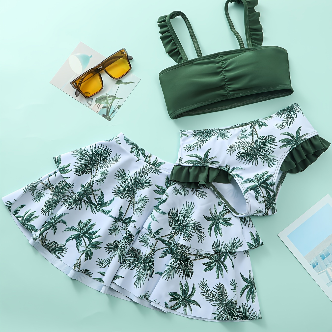 

Tropical Leaf Girl's 3pcs Swimsuit, Ruched Bikini Set + Cover-up Tiered Skirt Swimwear Set, Beach Seaside Pool Bathing Suits