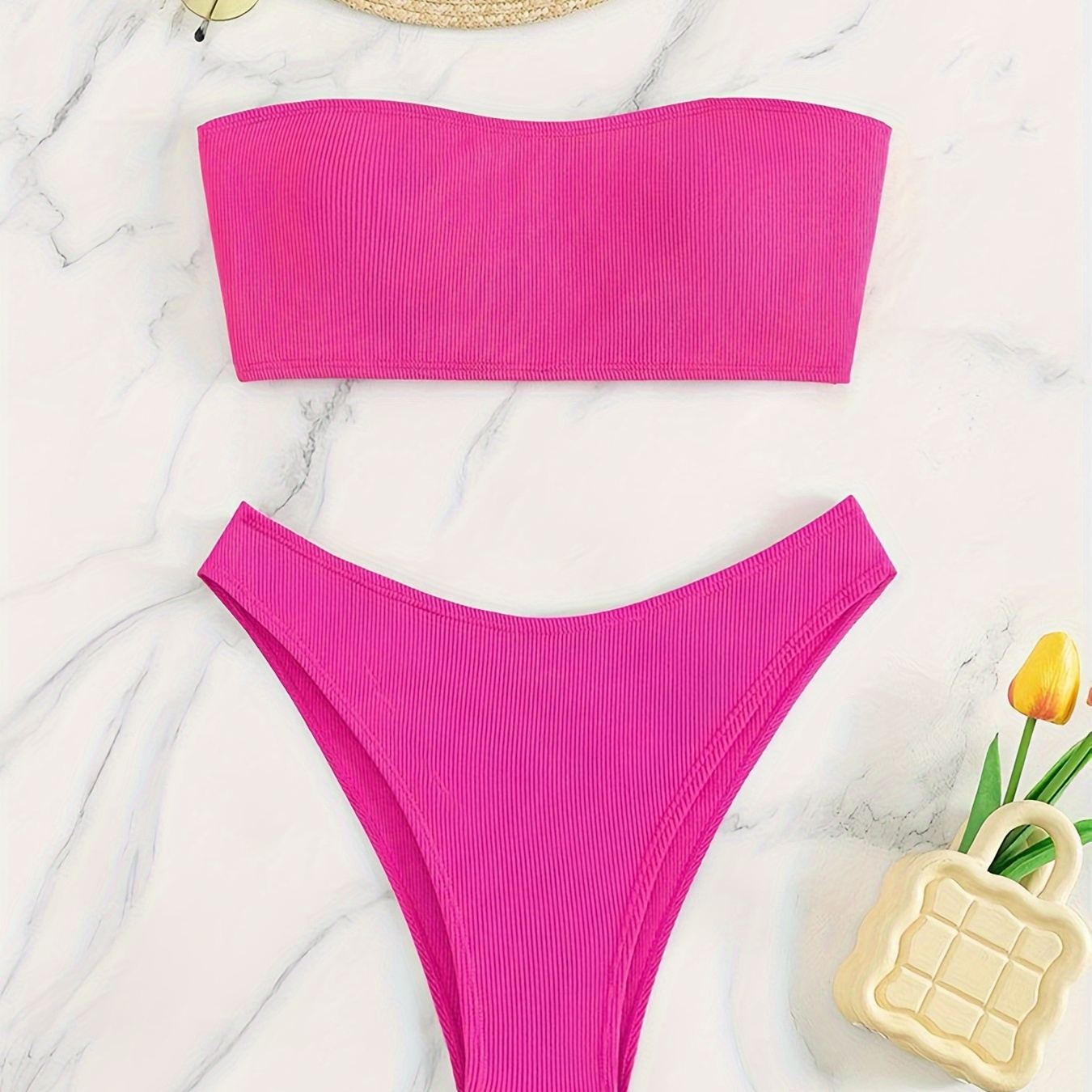 

Women's Two-piece Ribbed Bikini Set, Strapless Bandeau Top & High Cut Bottoms, Stretchy Swimwear, Summer Beachwear