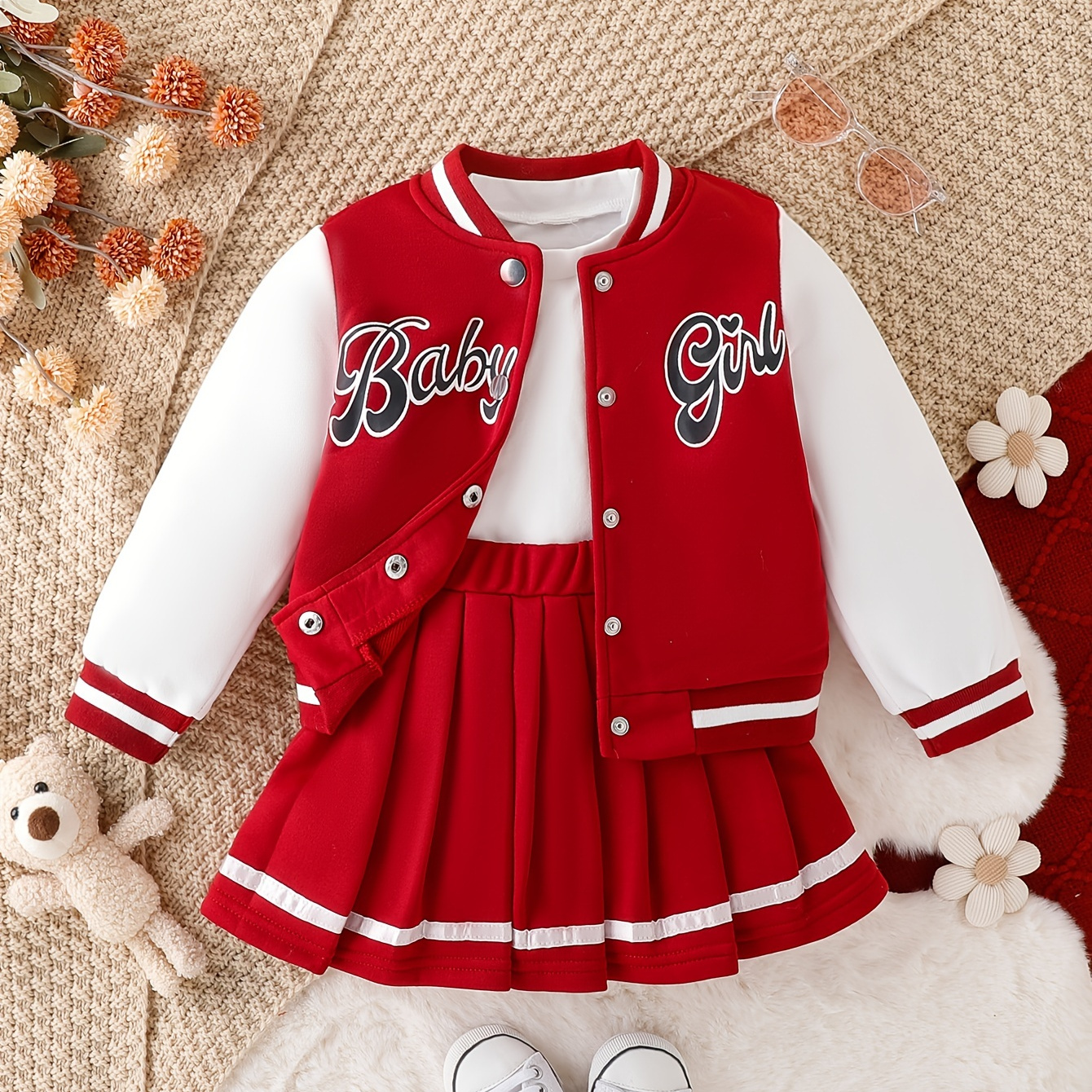 TEMU Preppy Style Girls 2pcs Baby Girl Print Baseball Jacket + Pleated Skirt Set For Party Sports Gift