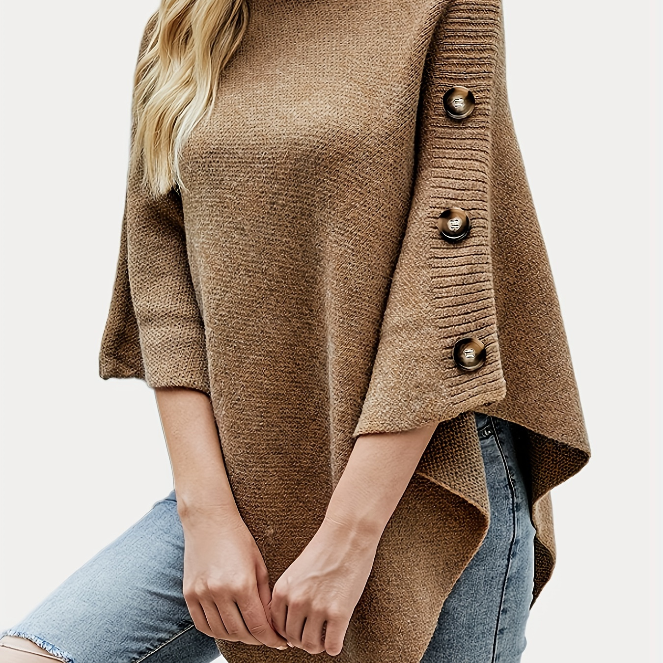 

Solid Turtleneck Cape Sweater, Casual Button Sleeve Hanky Hem Cloak Sweater, Women's Clothing