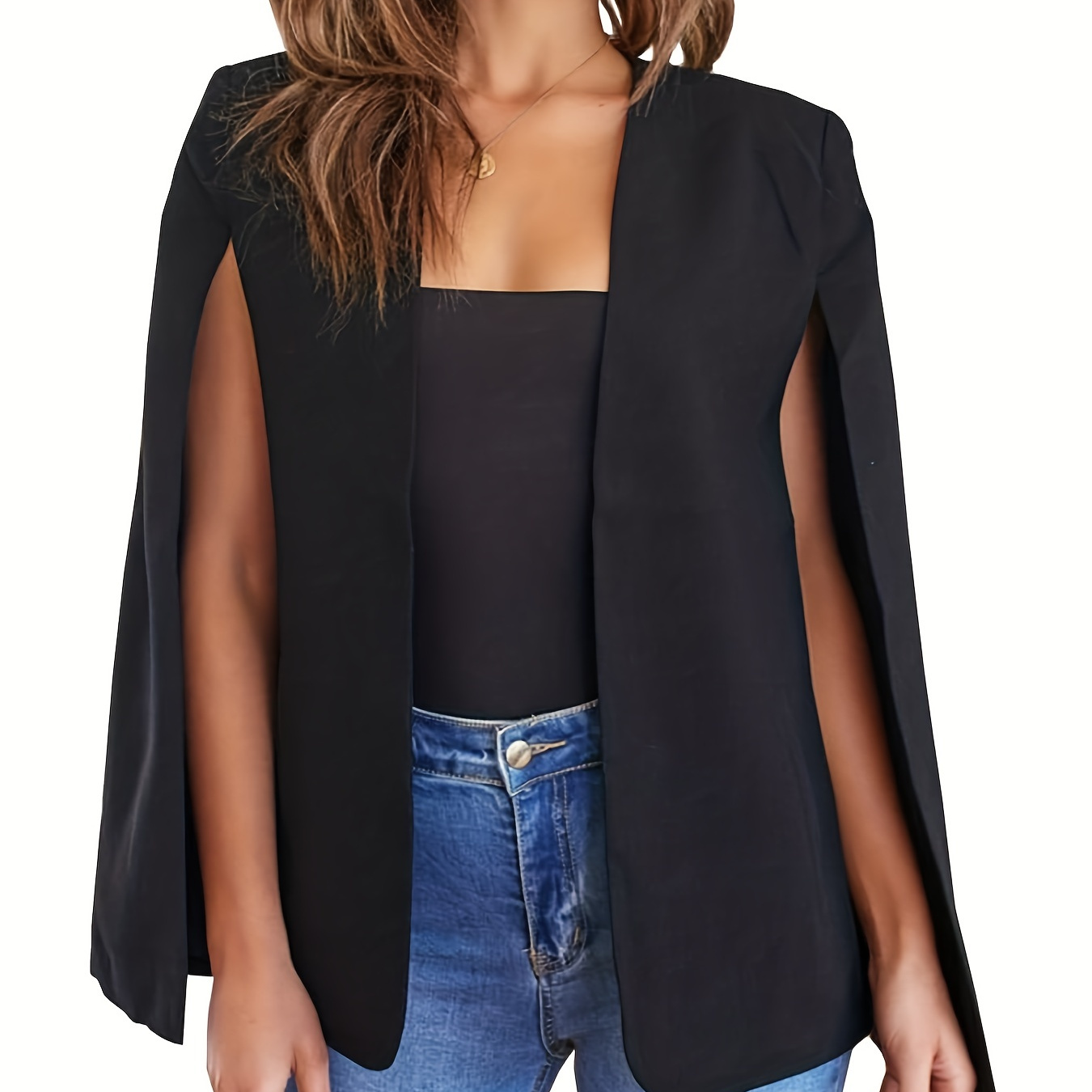 

Open Front Cape Sleeve Blazer, Elegant Solid Long Sleeve Blazer For Office & Work, Women's Clothing
