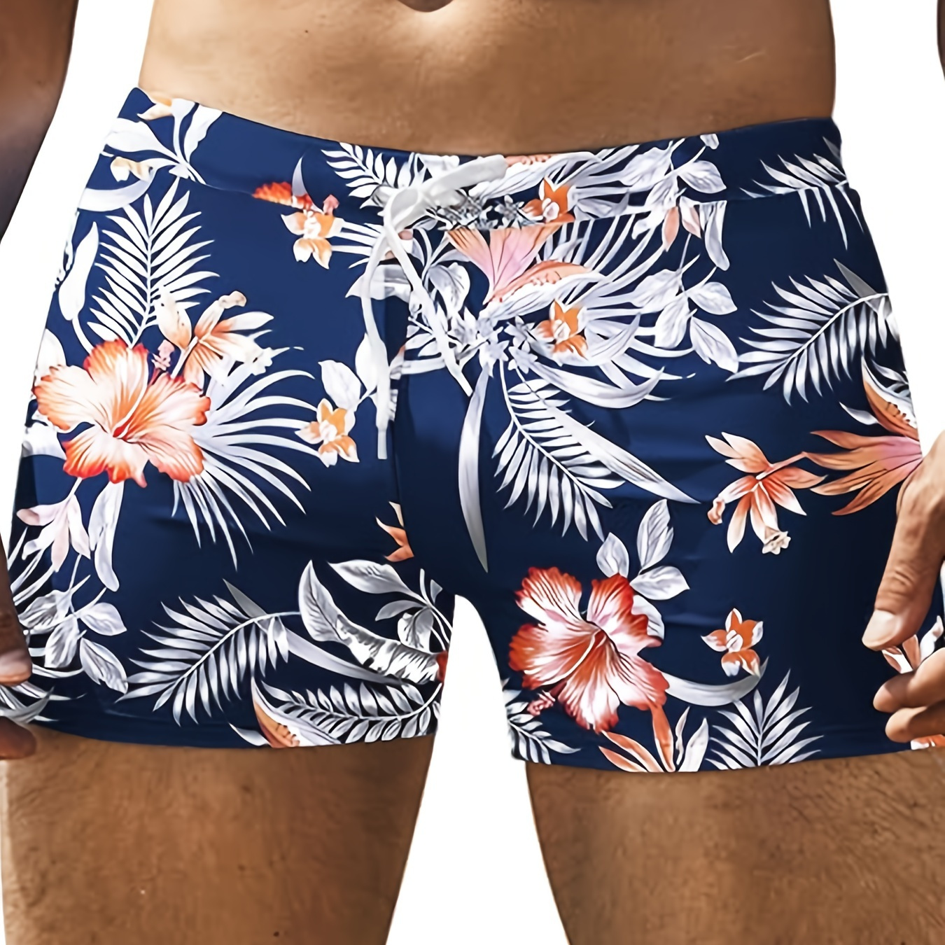 

Oudasi Men's Tropical Floral Print Drawstring Swim Trunks - Stretchy Nylon-elastane , Quick-dry, Fashionable & , Fit Beach Shorts For Adults, Bathing Suits