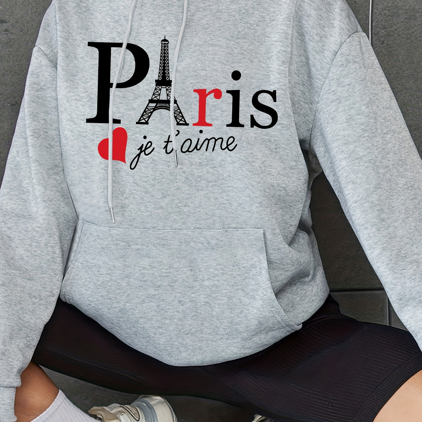 

Paris Eiffel Tower Graphic Drawstring Casual Hoodie, Long Sleeve Loose Pullover Hooded Sweatshirt With Pocket, Women's Clothing