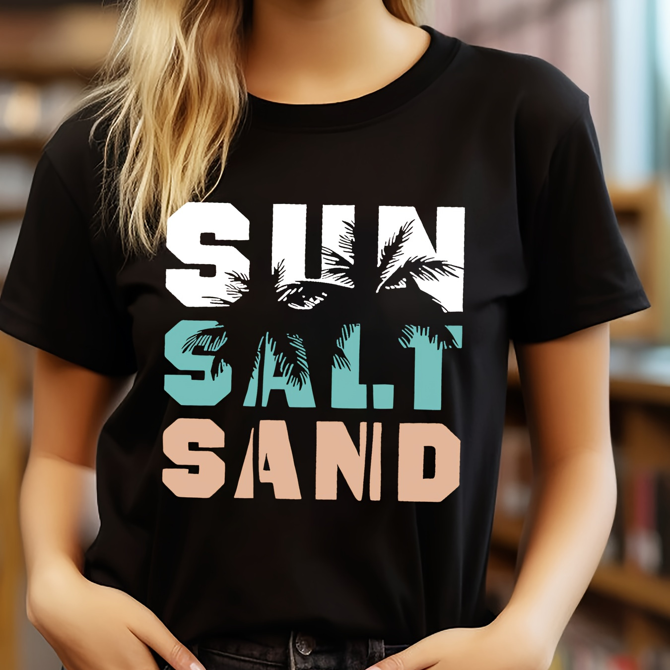 

Sun Salt Sand Print T-shirt, Short Sleeve Crew Neck Casual Top For Summer & Spring, Women's Clothing