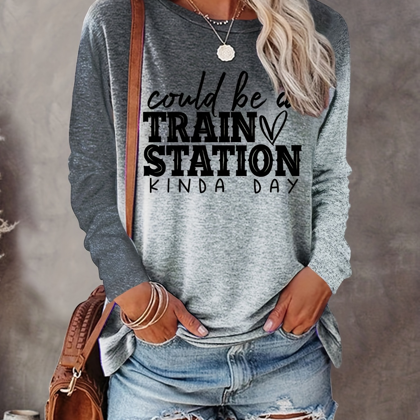 

Train Station Print Crew Neck Pullover Sweatshirt, Casual Long Sleeve Sweatshirt For Spring & Fall, Women's Clothing