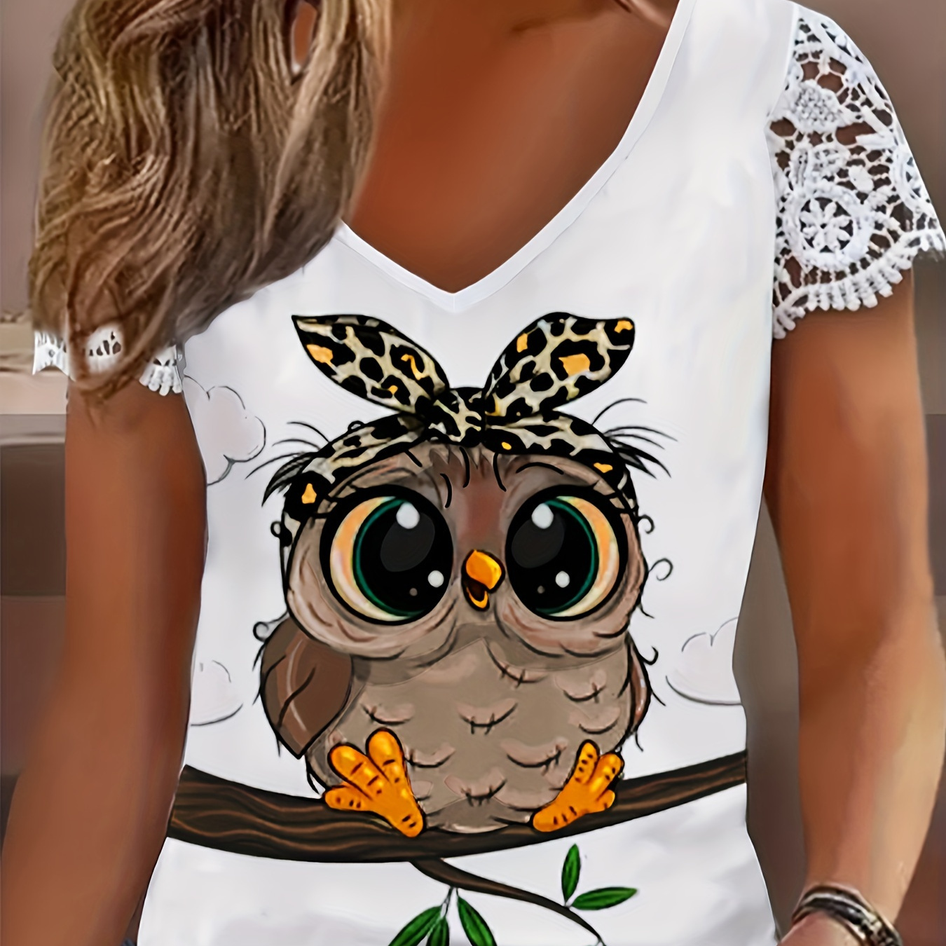 

Owl Print V Neck T-shirt, Casual Short Sleeve Top For Spring & Summer, Women's Clothing