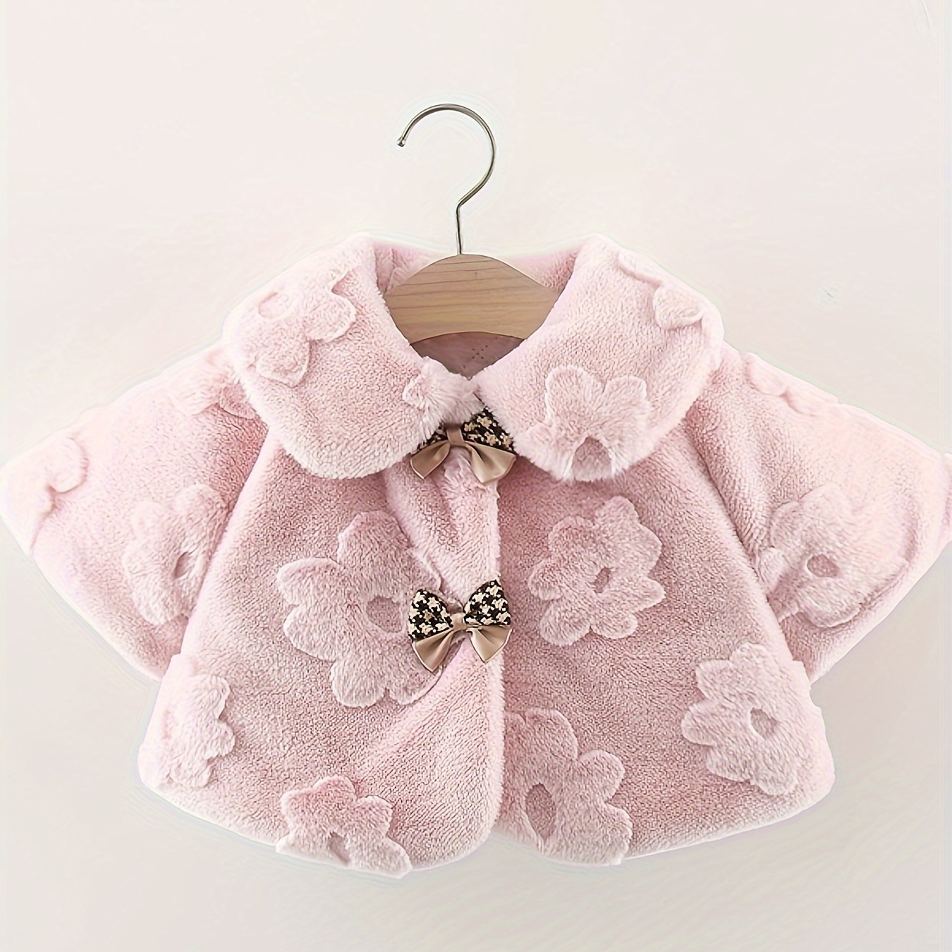 

Baby's Elegant Flower Jacquard Fuzzy Jacket, Casual Bow Decor Warm Coat, Toddler & Infant Boy's Clothing For Winter Fall Outdoor