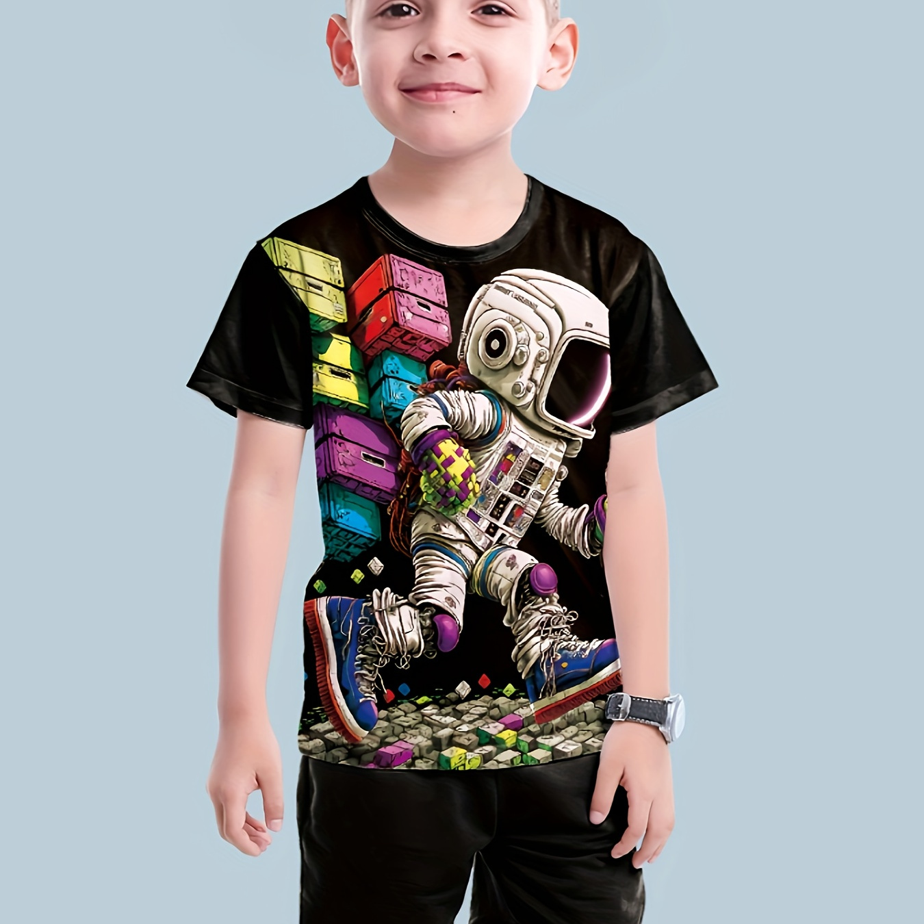 

2pcs Boys Casual Cartoon Astronaut 3d Graphic Print Short Sleeve T-shirt & Shorts Set, Comfy Summer Boys Clothes