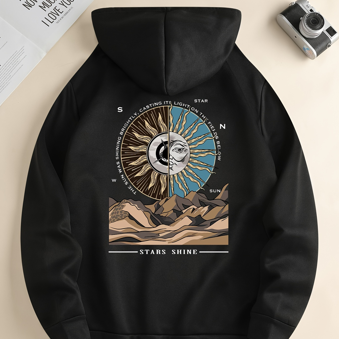 

Sun And Mountain Print Hoodies For Men, Graphic Hoodie With Kangaroo Pocket, Comfy Loose Trendy Hooded Pullover, Mens Clothing For Autumn Winter