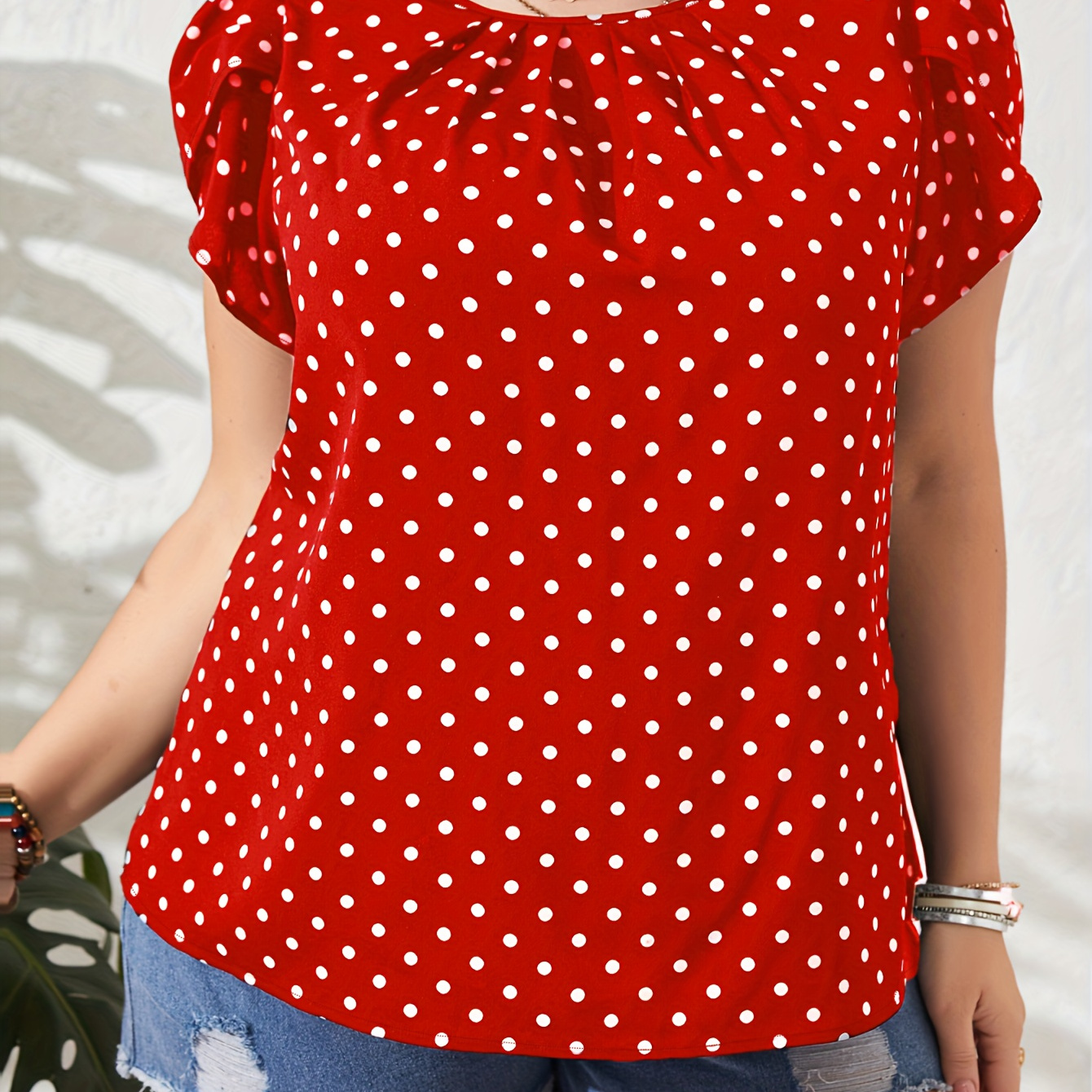 

Plus Size Polka Dot Print Top, Casual Crew Neck Short Sleeve Top, Women's Plus Size clothing