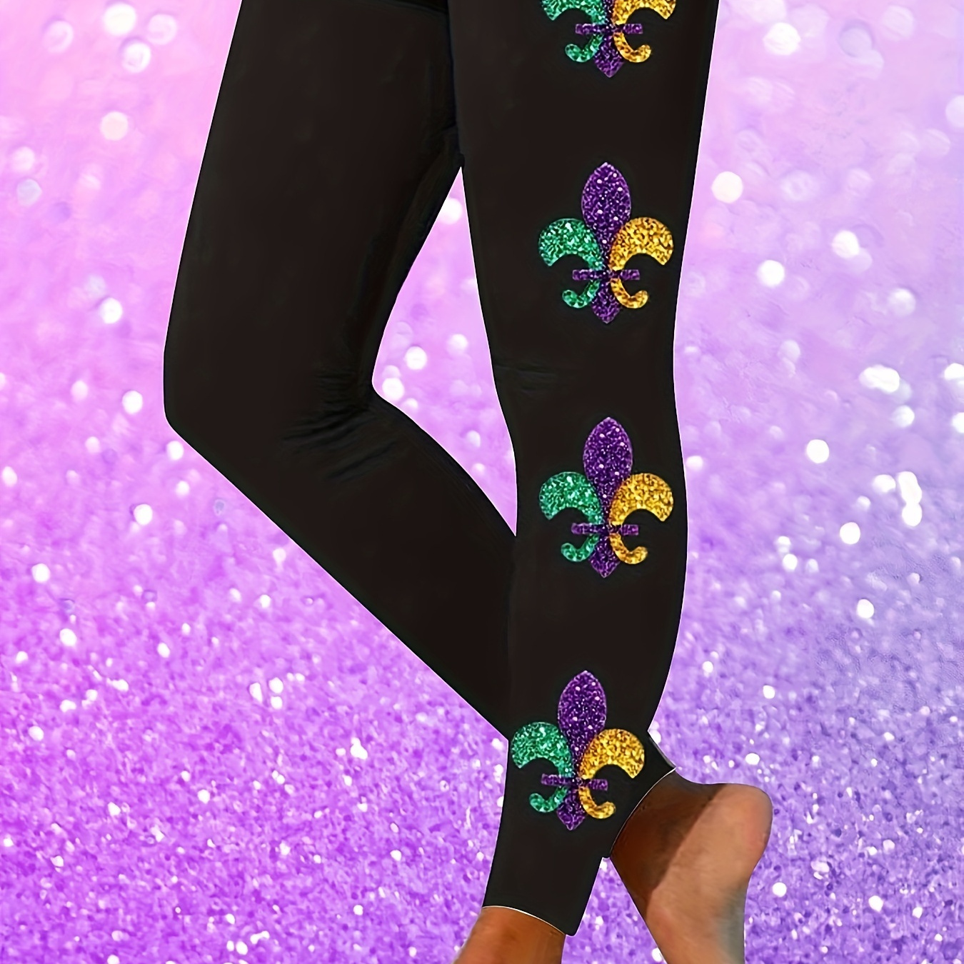 

1pc Elegant Mardi Gras Print Skinny Leggings For Women, High Stretch Polyester Knit Fabric, Geometric Pattern, Spring/fall Season - Plus Size