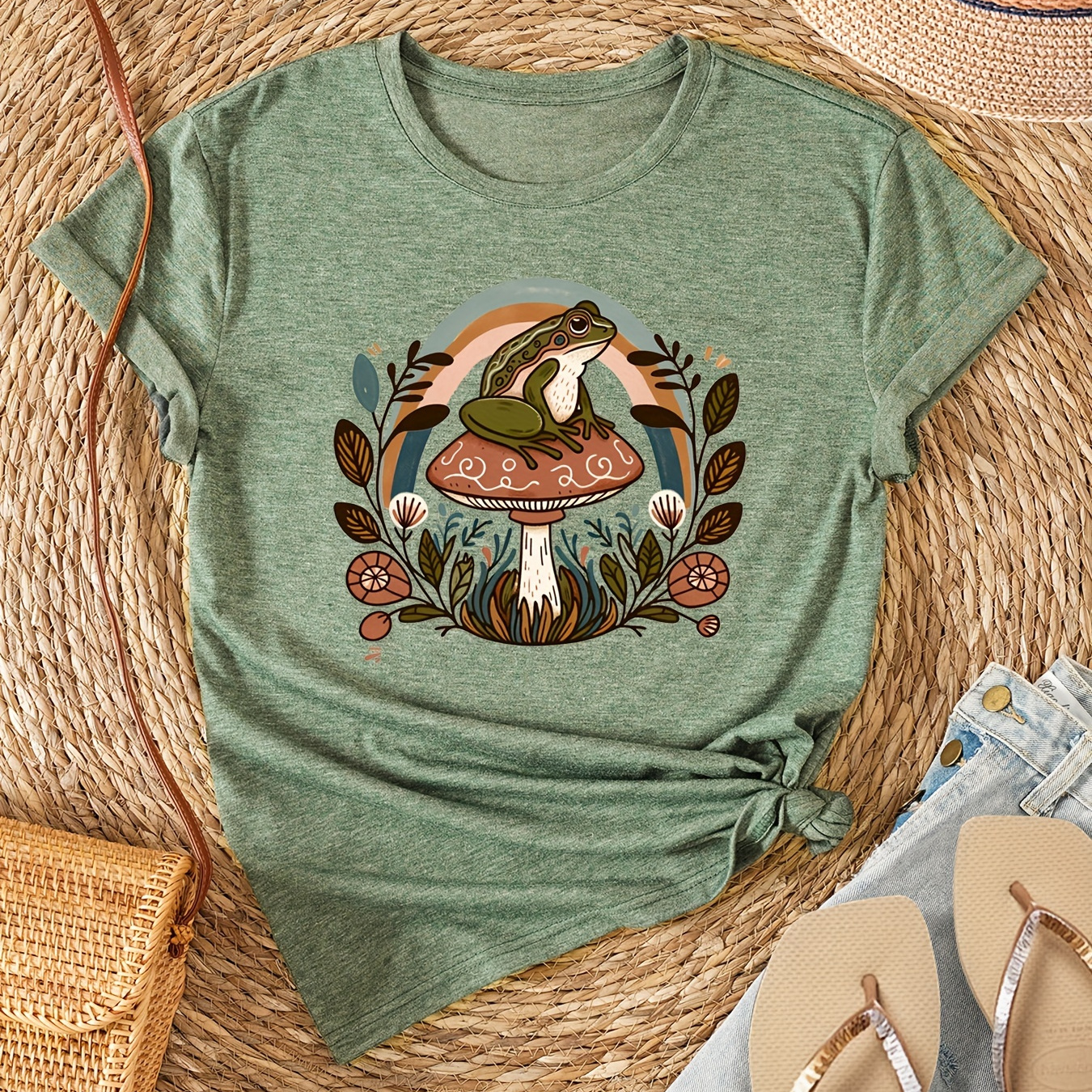 

Frog & Mushroom Print Crew Neck T-shirt, Casual Short Sleeve T-shirt For Spring & Summer, Women's Clothing