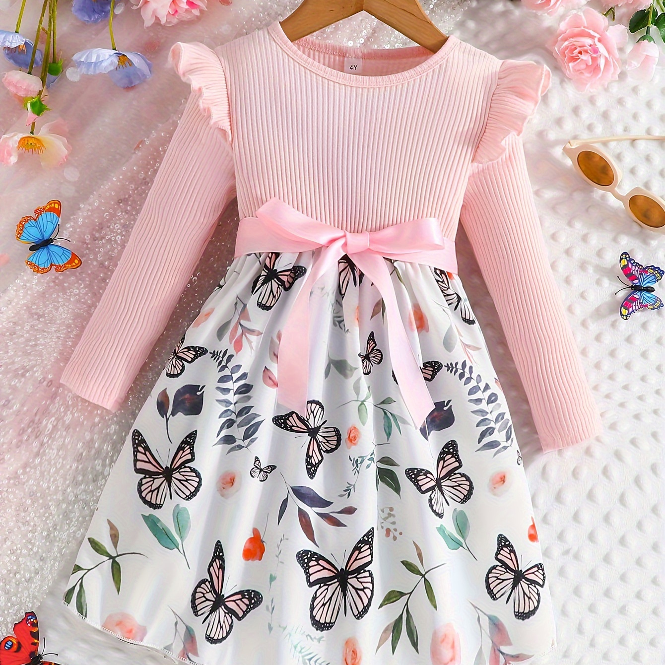 

Girls Ribbed Knit Flutter Trim Butterfly Print Dress With Bow Comfy Cotton Dress For Spring Fall Party Kids Clothes