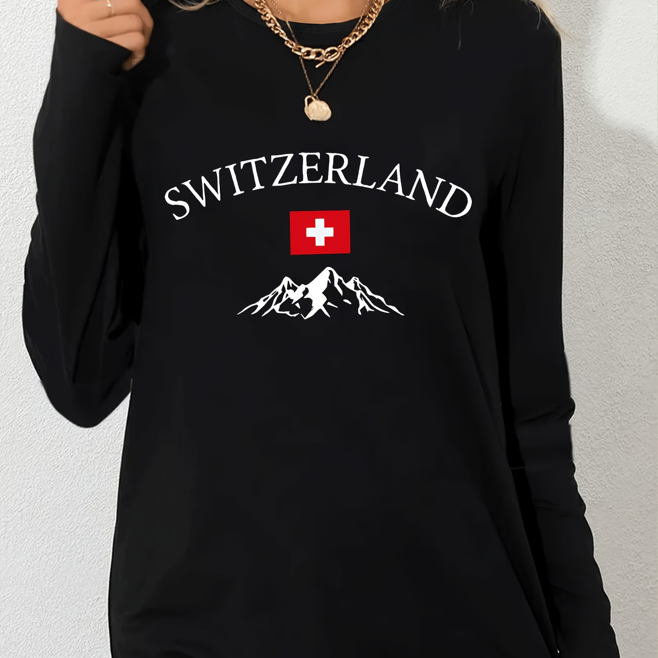 

Women's Switzerland Print Long Sleeve T-shirt - 95% Polyester, 5% Spandex, Crew Neck, Slight Stretch, Knit Sports Top