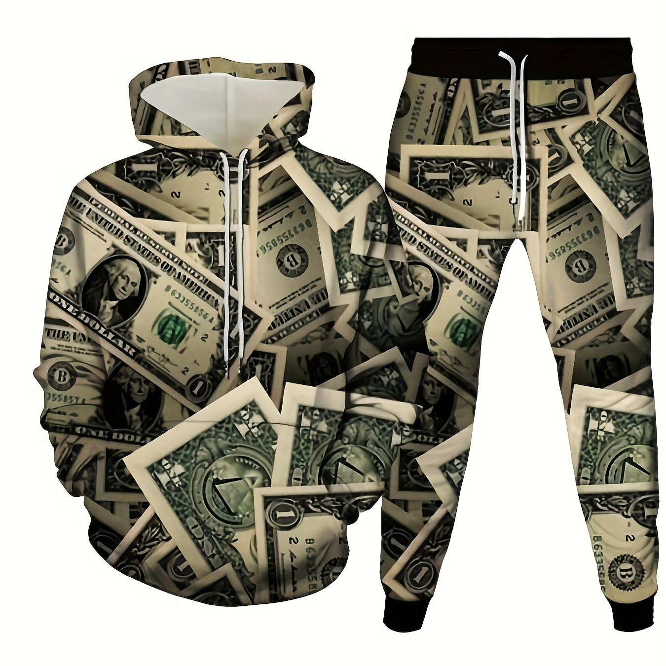 

Men's Casual Money Print Hooded Sweatshirt And Jogger Set, 100% Polyester Knit Fabric, Regular Fit, Slight Stretch, , Fall/, 140gsm