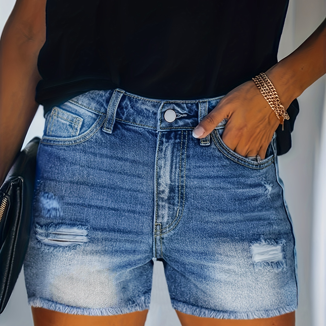 

Blue Frayed Hem Denim Shorts, Ripped Holes Slash Pockets Short Denim Pants, Women's Denim Jeans & Clothing
