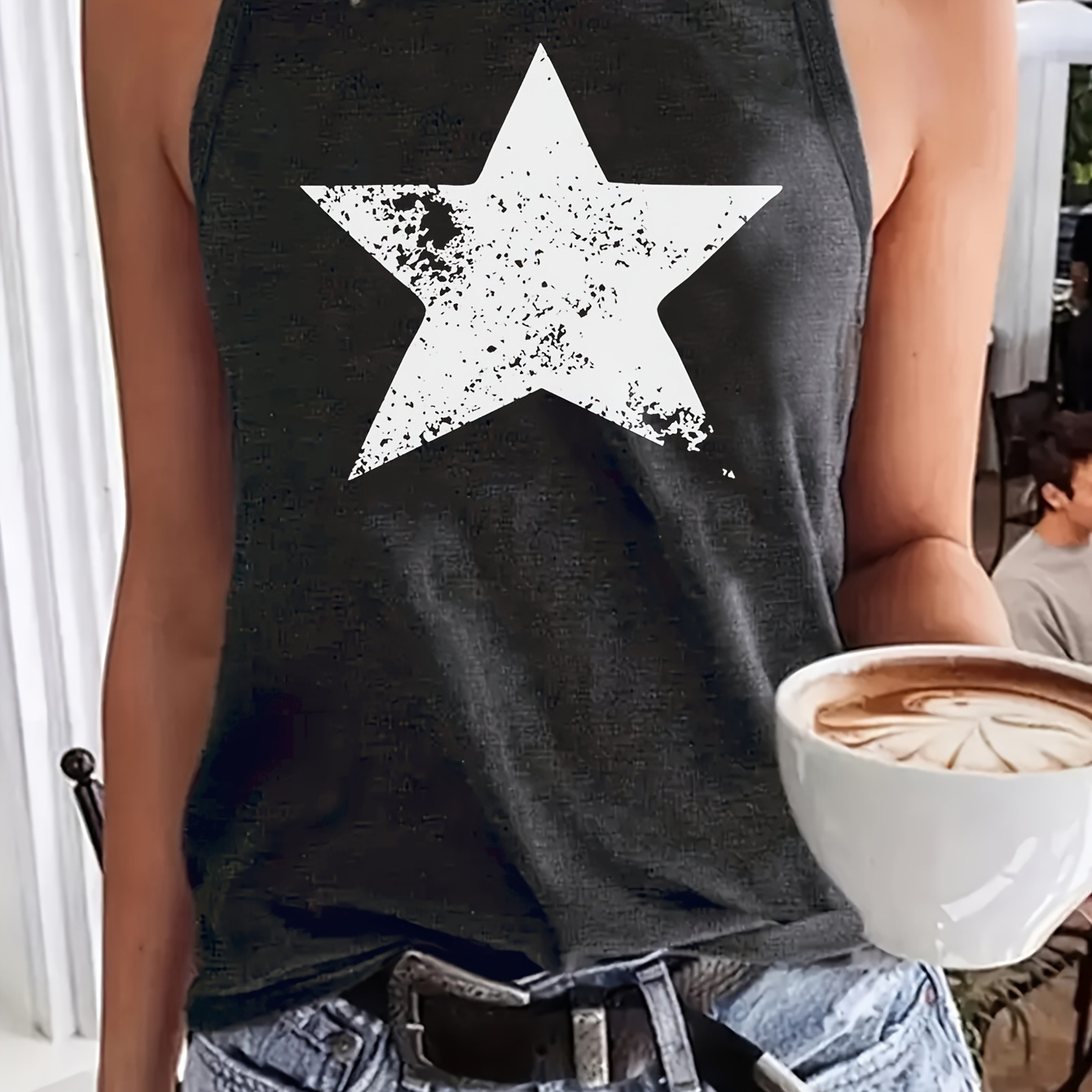 

Star Print Crew Neck Tank Top, Casual Sleeveless Top For Summer & Spring, Women's Clothing