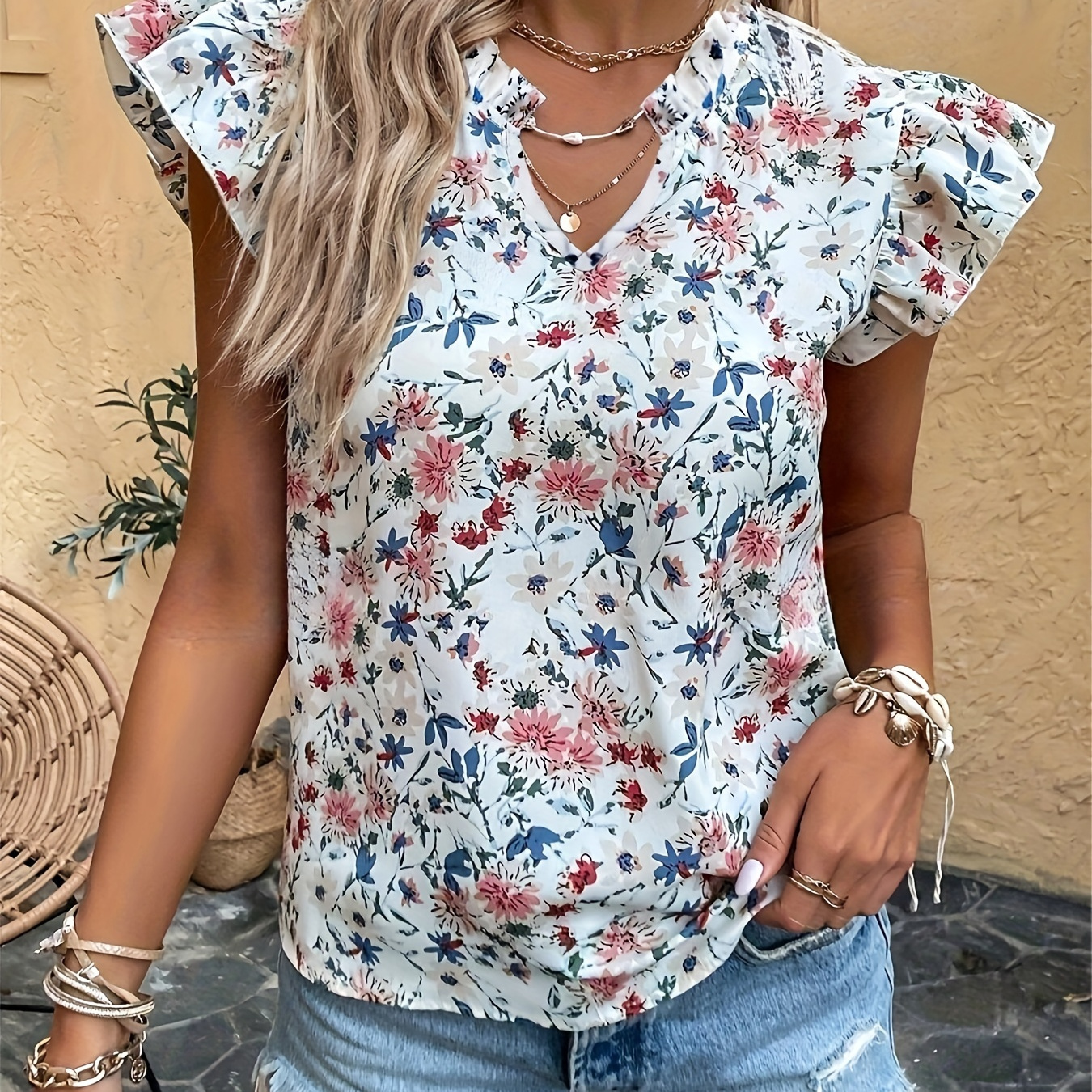

Floral Print Ruffle Trim Blouse, Elegant Flutter Sleeve Notched Neck Blouse, Women's Clothing