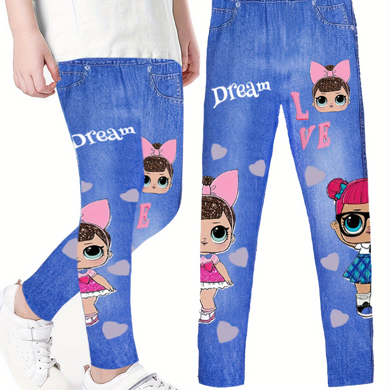 

Girl's Cartoon Girls Pattern Imitation Denim Print Trousers With Pockets, Causal Breathable Slightly Stretch Pants For City Walk Street Hanging Outdoor Activities