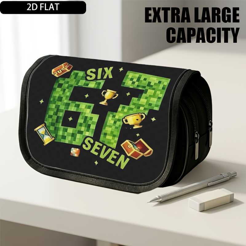 TEMU 1pc Trousse à crayons à double couche à , Vert Pixel Numéro Trophée Doré Coffre au Sablier, Grande , Sac de rangement portable en polyester pour
