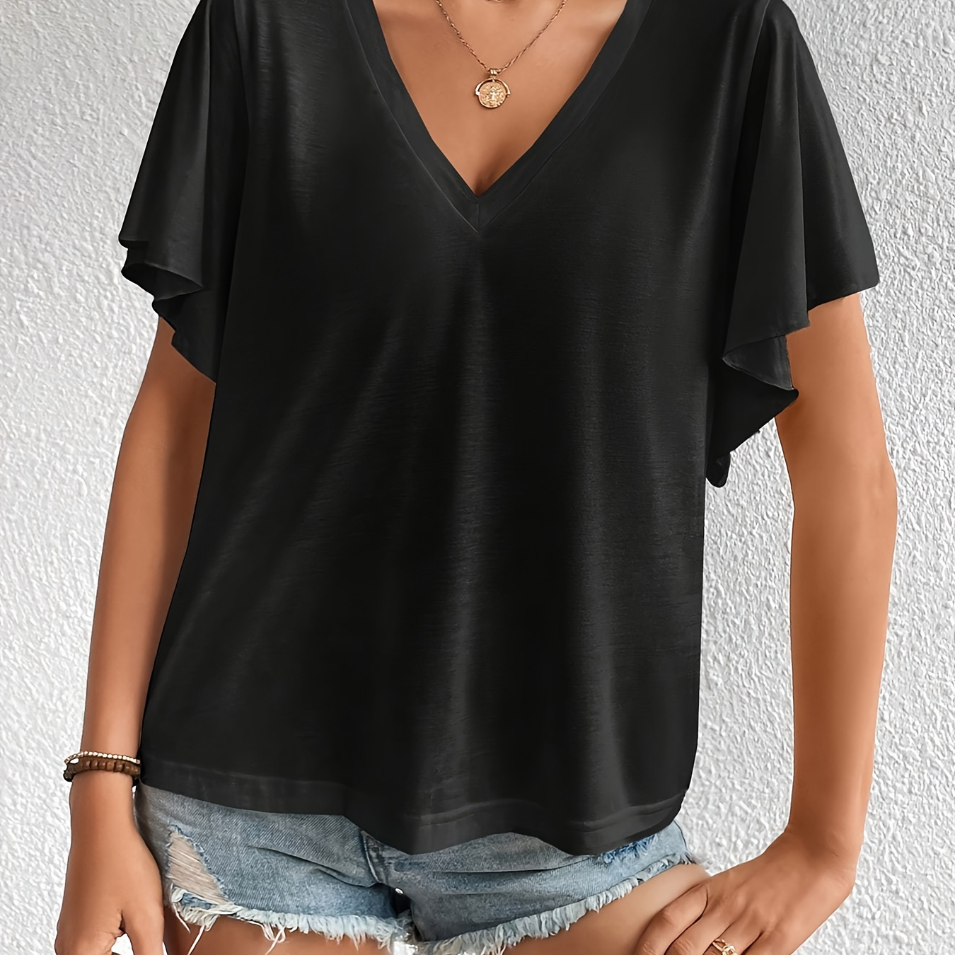 

Solid Color V Neck T-shirt, Casual Short Sleeve T-shirt For Spring & Summer, Women's Clothing