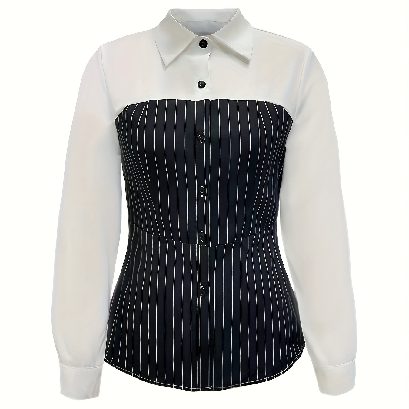 

1pc Elegant Striped Polyester Shirt For Women, Spring/autumn Season, Casual Workwear With Button Detail, Weft Knit Fabric, 150g/m² - Adult Fashion Blouse