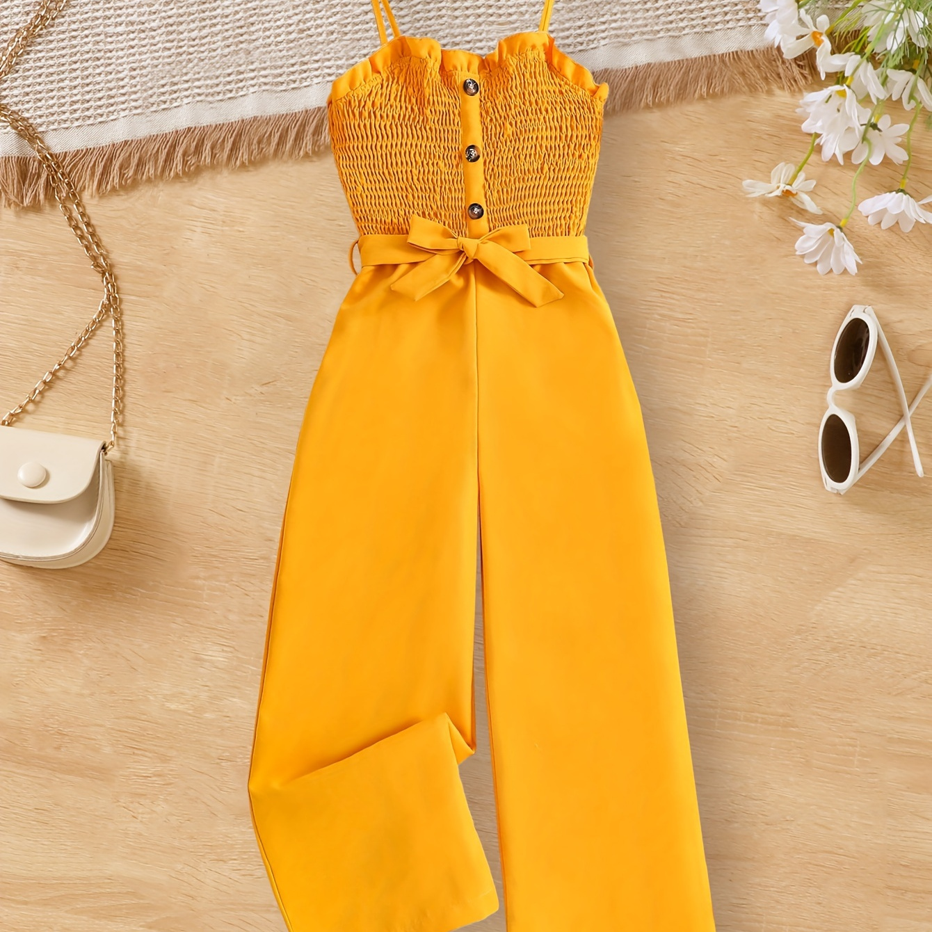 

Solid Color Decor Buttons Shirred Cami Romper With Bow For Girls, Stylish Summer Versatile Suit Outdoor Jumpsuit Holiday Gift