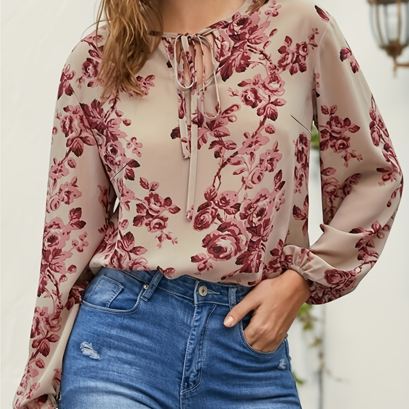 

Floral Print Tie Front Blouse, Elegant V Neck Long Sleeve Blouse, Women's Clothing