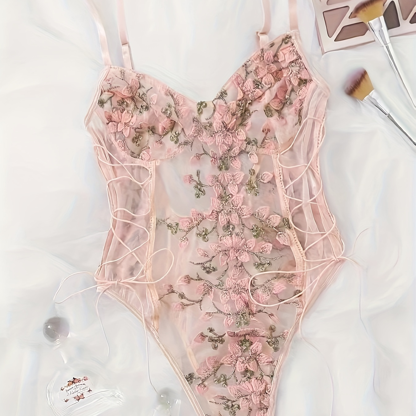 Floral Embroidery Strappy Teddy Deep V Backless Thong Mesh - Temu