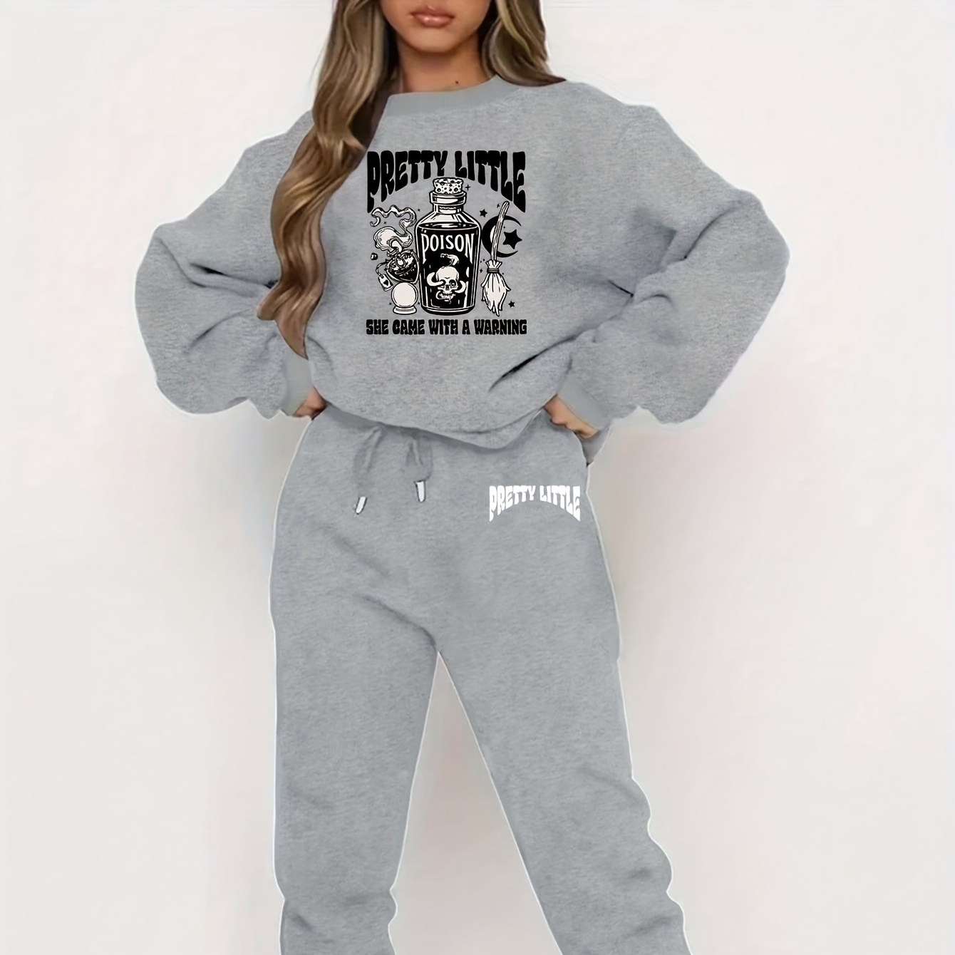 

Skull & Letter Print 2 Piece Set, Crew Neck Sweatshirt & Drawstring Pants Outfits For Fall & Winter, Women's Clothing