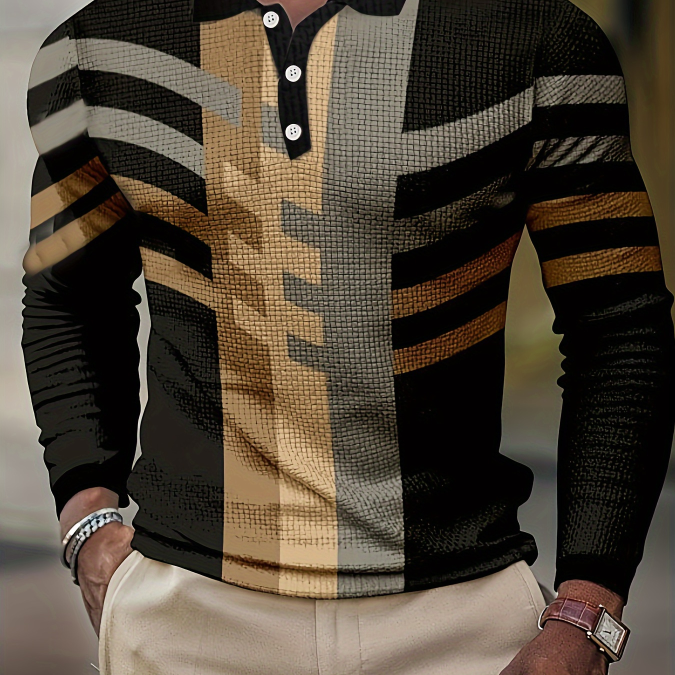 

Color Block Men's Allover Digital Print Long Sleeve Lapel Shirt, Men's Comfy Trendy Thin Top For Spring Fall Outdoor