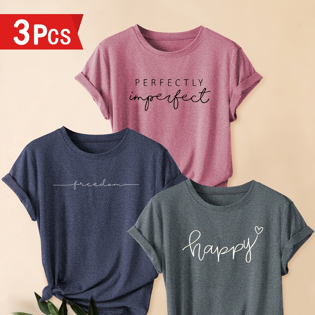 

3-piece Mixed Pack Letter Print Comfortable Breathable T-shirt, Casual Crew Neck Short Sleeve Sports Tops For Summer, Women's Clothing