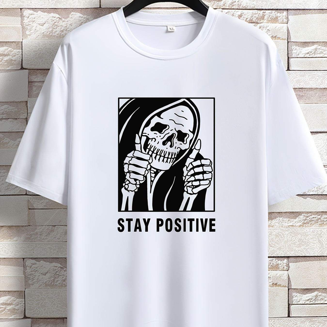 

Men's 'stay Positive' Novelty Skull Print Crew Neck Stretch T-shirt, Oversized Breathable Short Sleeve Tops, Plus Size Casual Clothing For Spring Summer