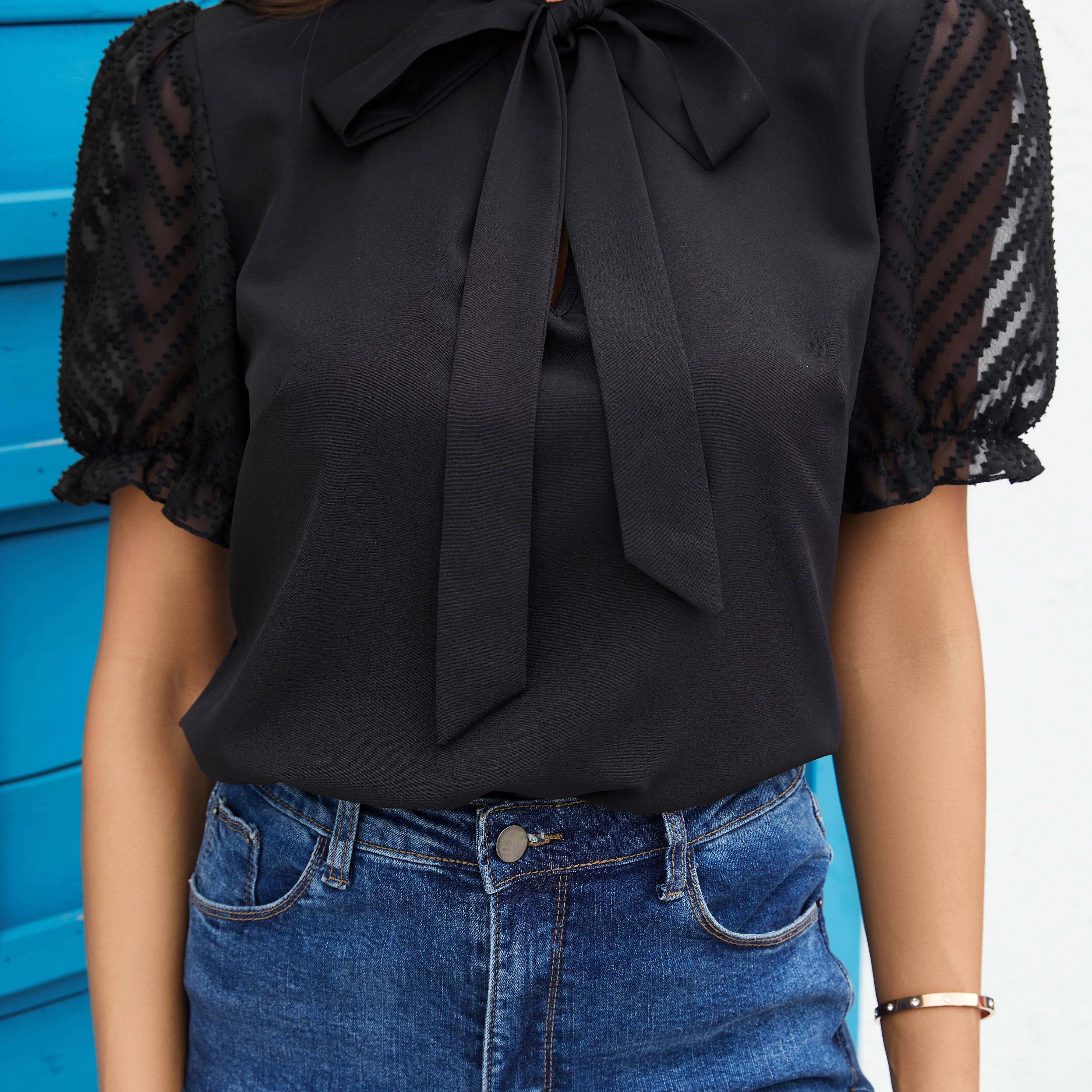 

Solid Tie Neck Blouse, Casual Puff Sleeve Simple Blouse, Women's Clothing