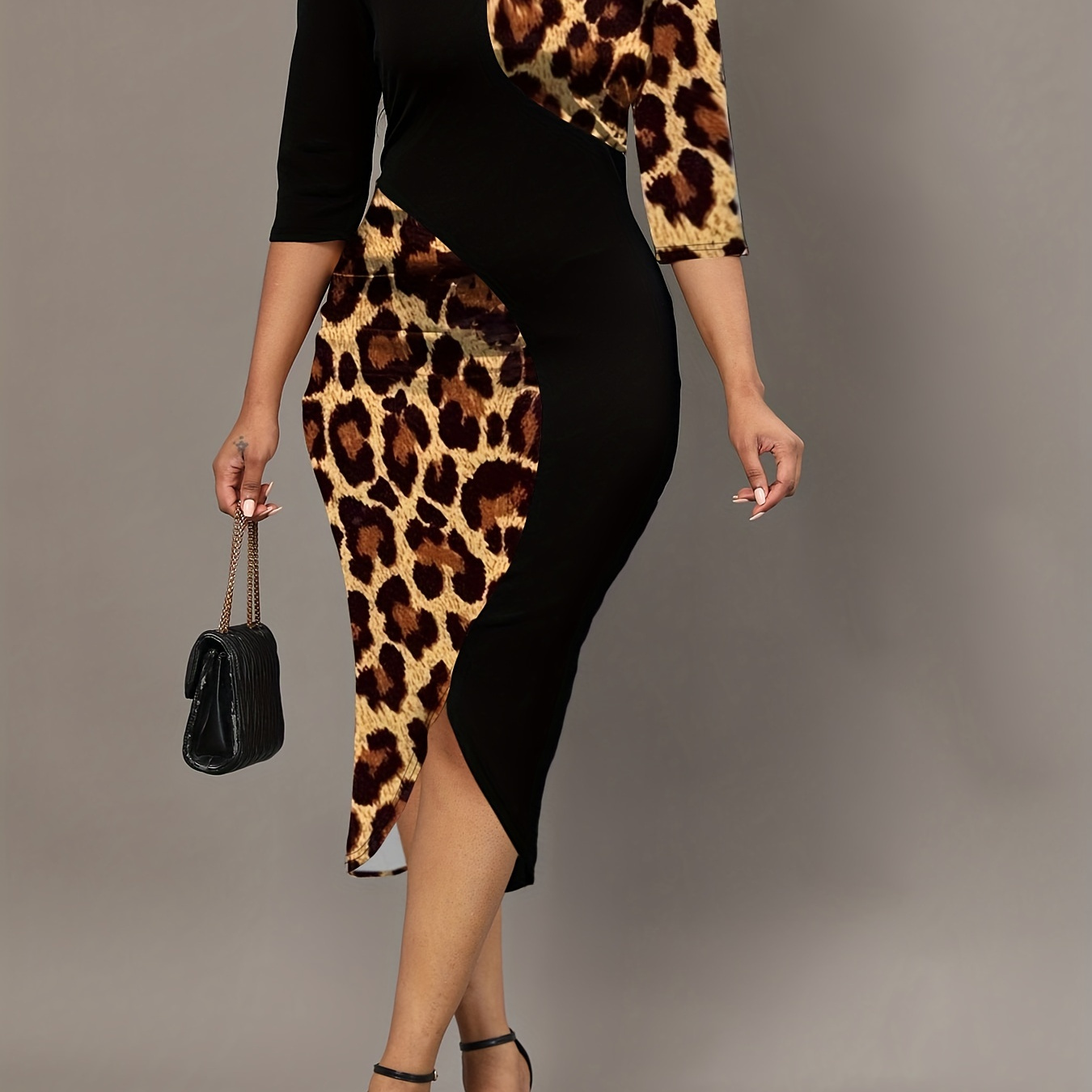 

Leopard Splicing Dress, Elegant Keyhole 3/4 Sleeve Slim Crew Neck Pencil Dress, Women's Clothing