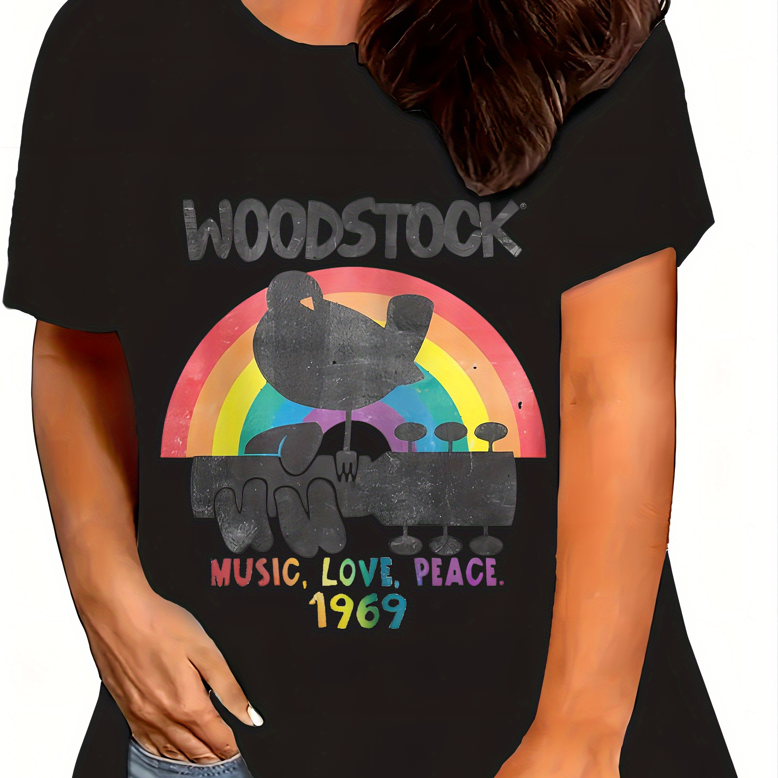 

Plus Size Music Print T-shirt, Short Sleeve Crew Neck Casual Top For Summer & Spring, Women's Plus Size Clothing