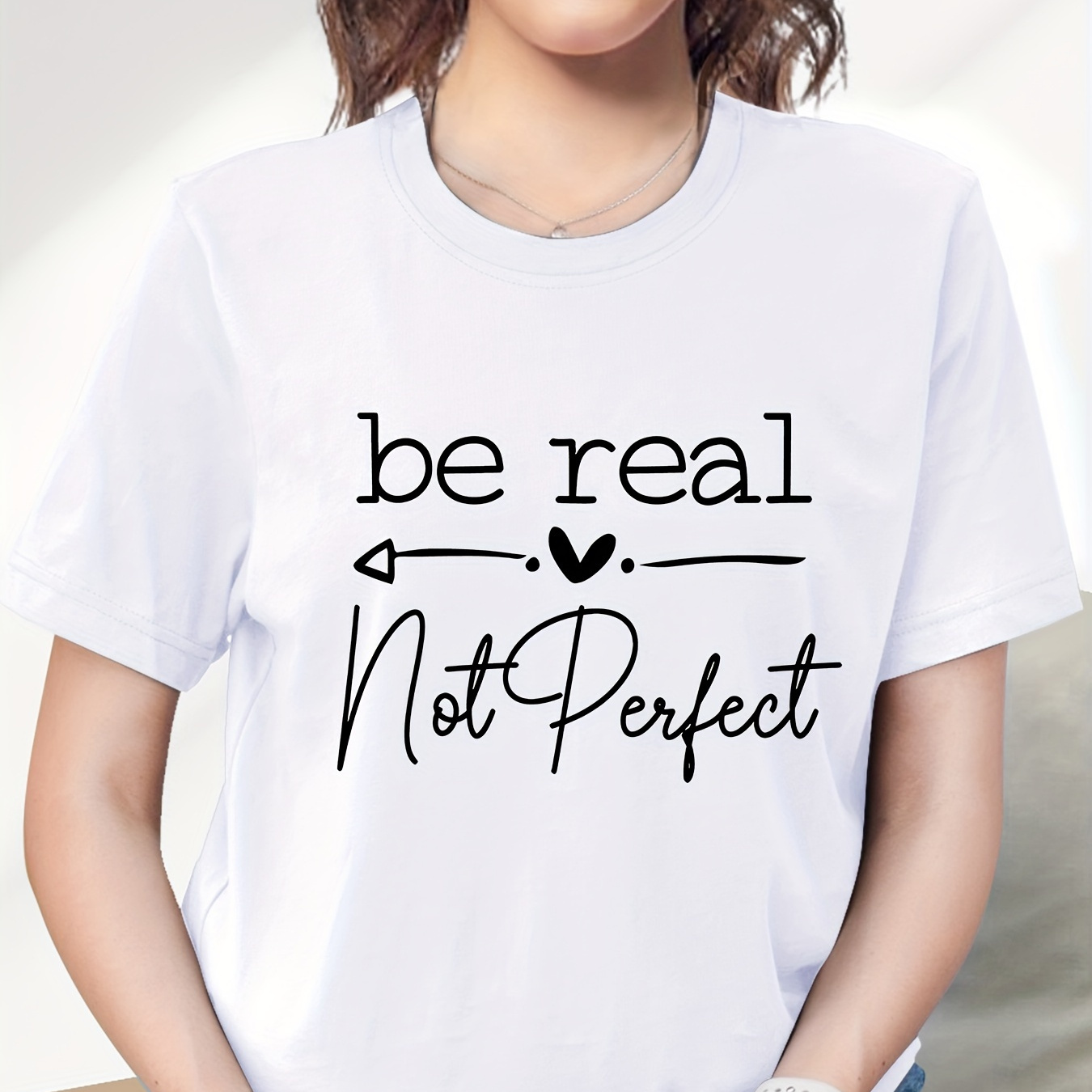 

Letter And Heart Print Fashion Sports T-shirt, Short Sleeve Round Neck Casual Tops, Women's Activewear