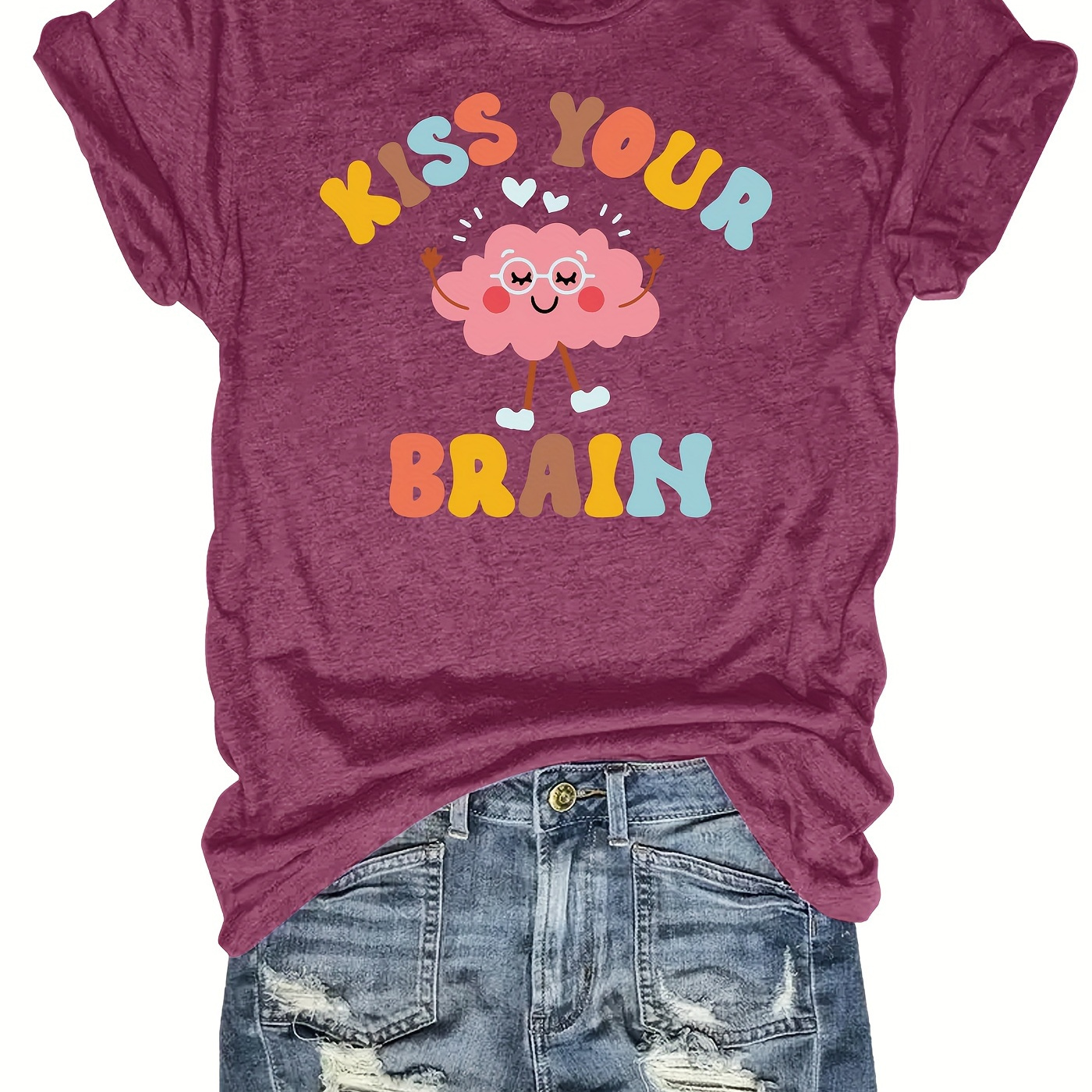 

Plus Size Kiss Your Brain Print Crew Neck T-shirt, Casual Short Sleeve T-shirt For Spring & Summer, Women's Plus Size Clothing