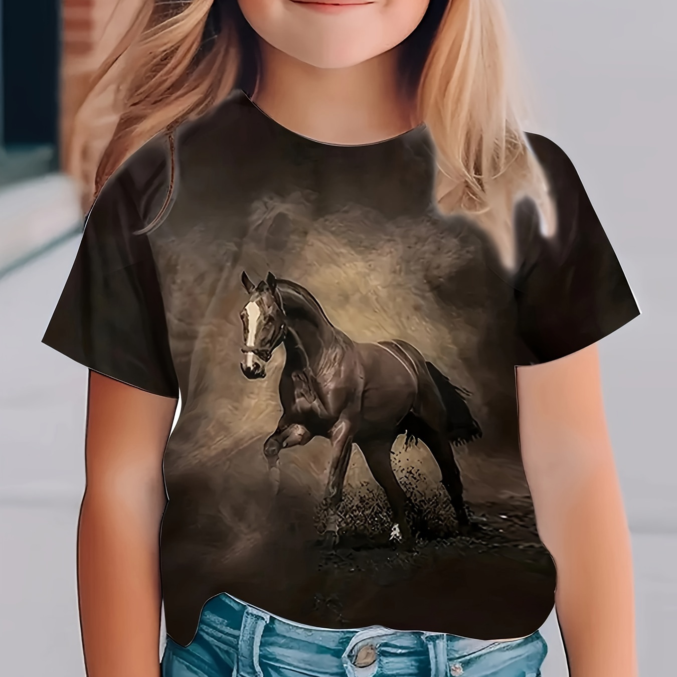 

Knit Horse Graphic Short Sleeve Crew Neck T-shirt For Girls, Casual And Comfy Summer Tee Top Daily Wear