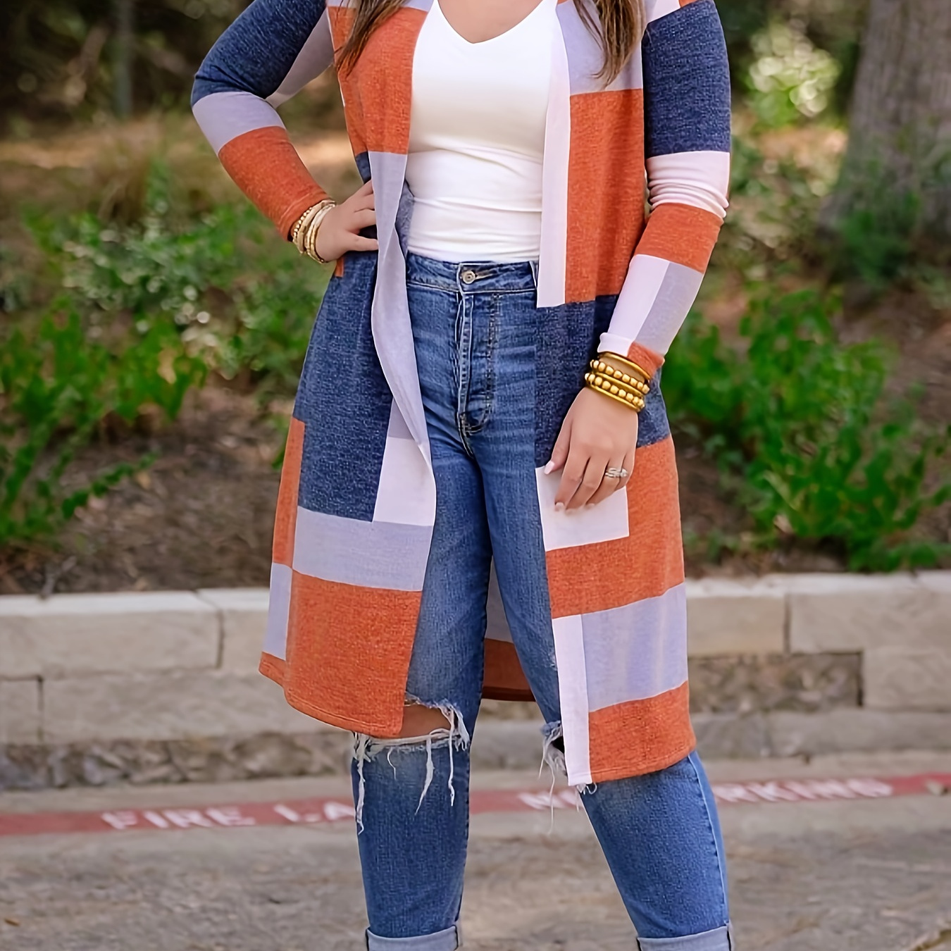 

Plus Size Casual Cardigan, Women's Plus Colorblock Long Sleeve Open Front Cardigan