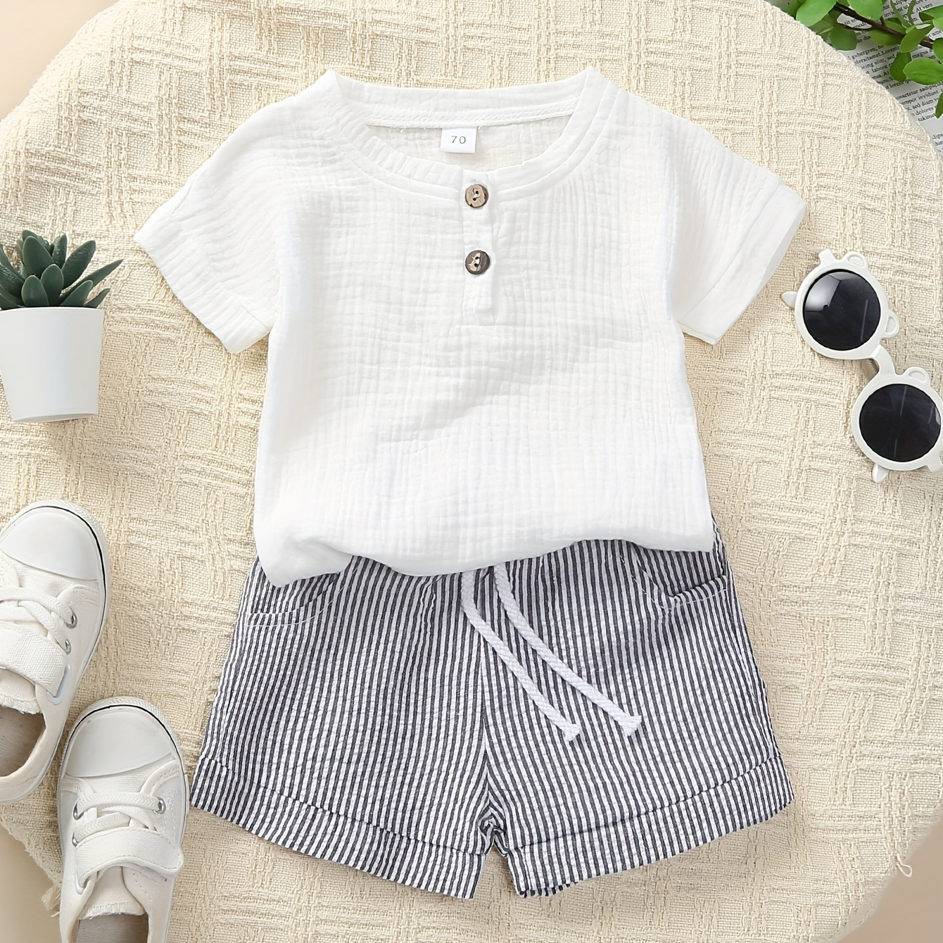 

2-piece Set Toddler Boys Casual Outfit, Cotton Muslin Bubble Short Sleeve Top With Striped Drawstring Shorts For Summer