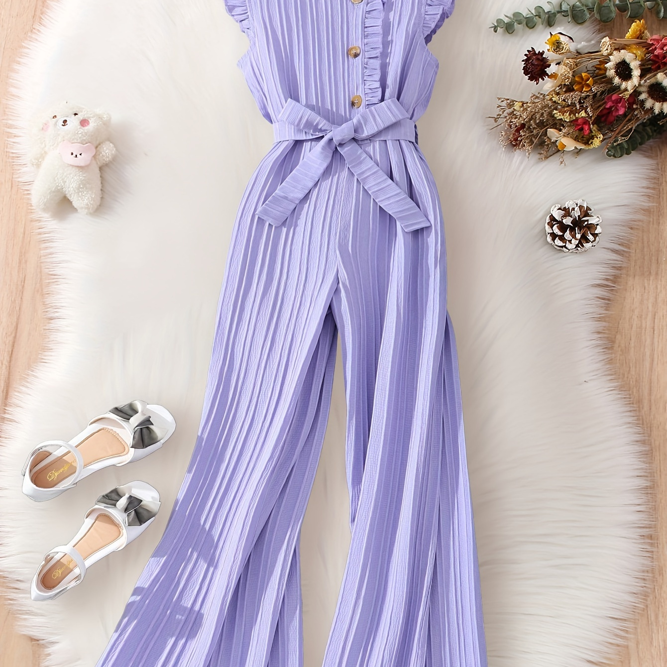 

Elegant Girls Solid Loose Fit Ruffle Trim Button Decor Jumpsuit For Summer Gift