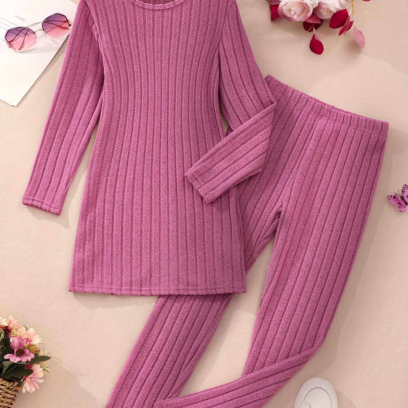 

Solid Ribbed Outfits 2pcs Girls Crew Neck Long Sleeve Pullover + Pants Set Spring Fall Gift Outdoor