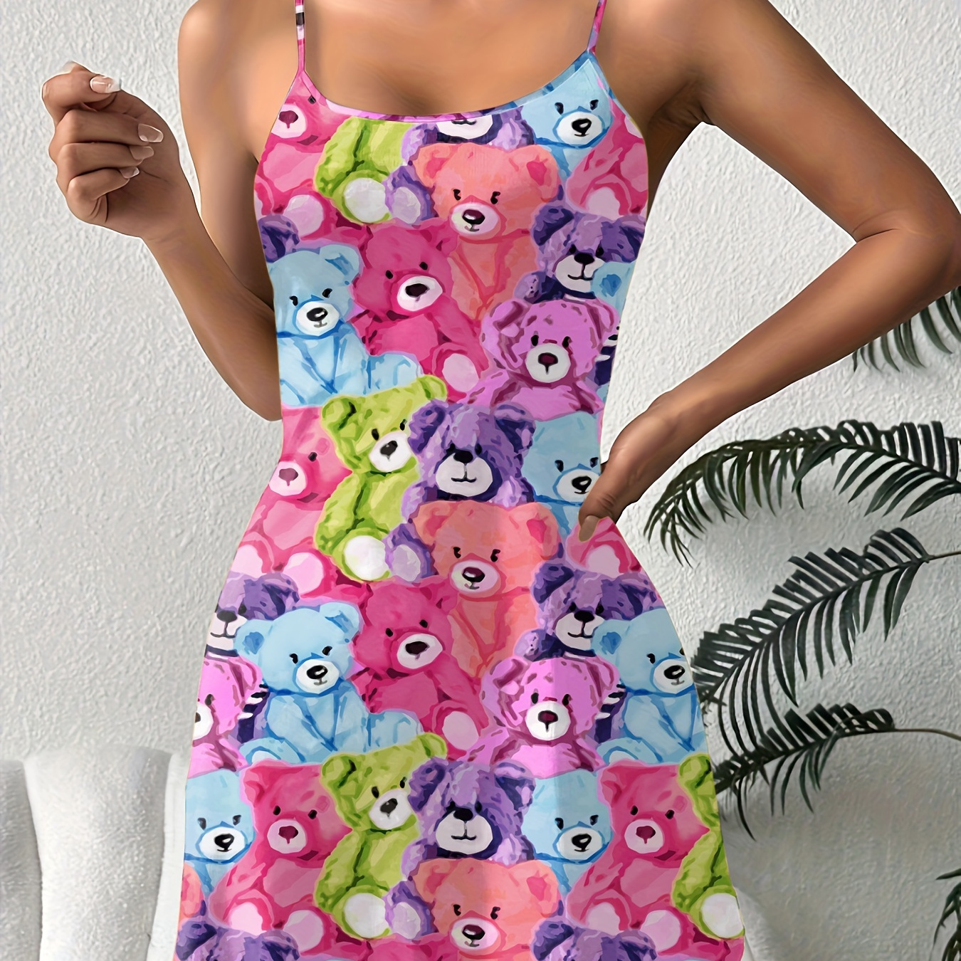 

Women's Colorful Bear Print Cute Frill Trim Sleepwear Dress, Round Neck Backless Slip Dress, Comfortable Nightgown