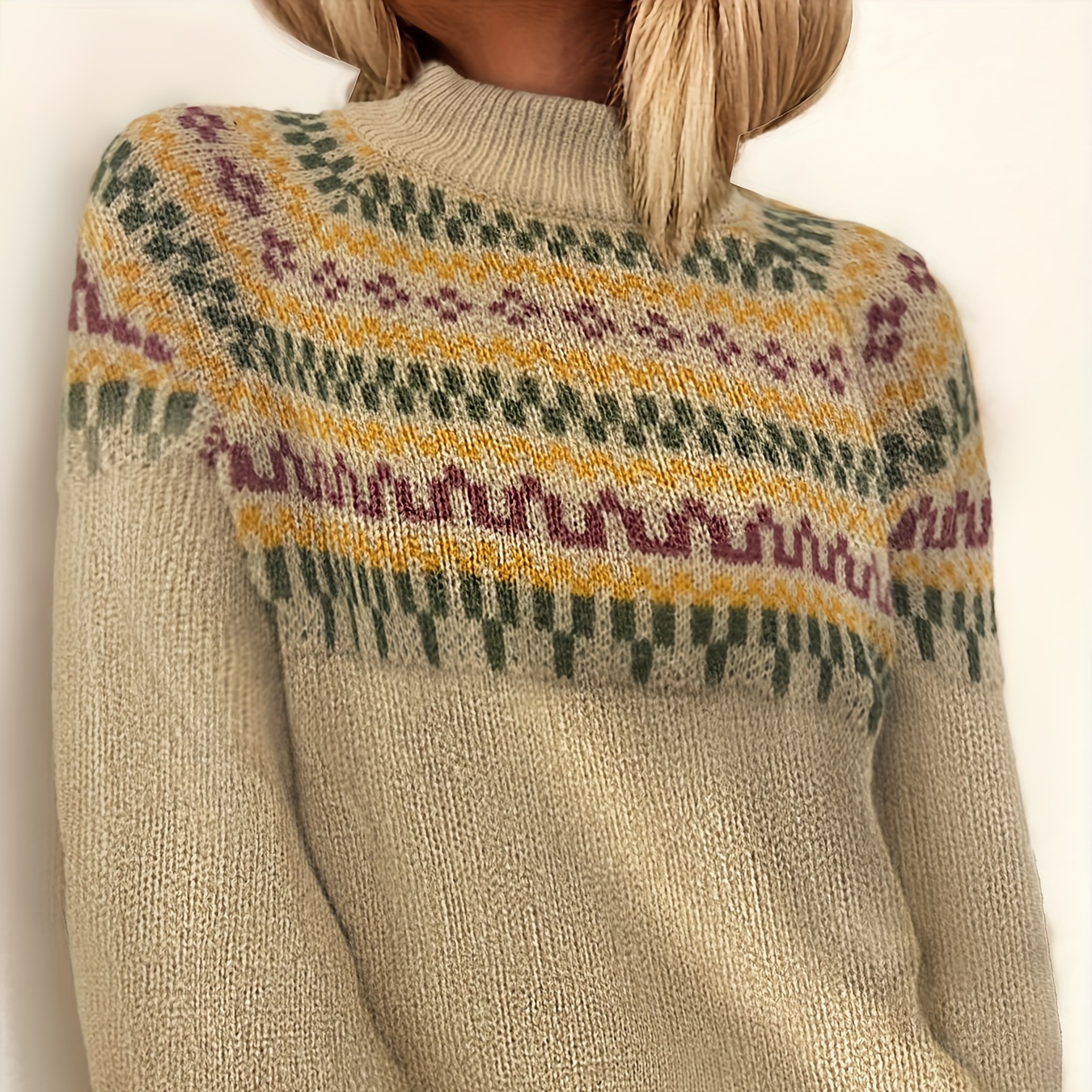 

Fair Isle Pattern Turtle Neck Pullover Sweater, Casual Long Sleeve Sweater For Fall & Winter, Women's Clothing