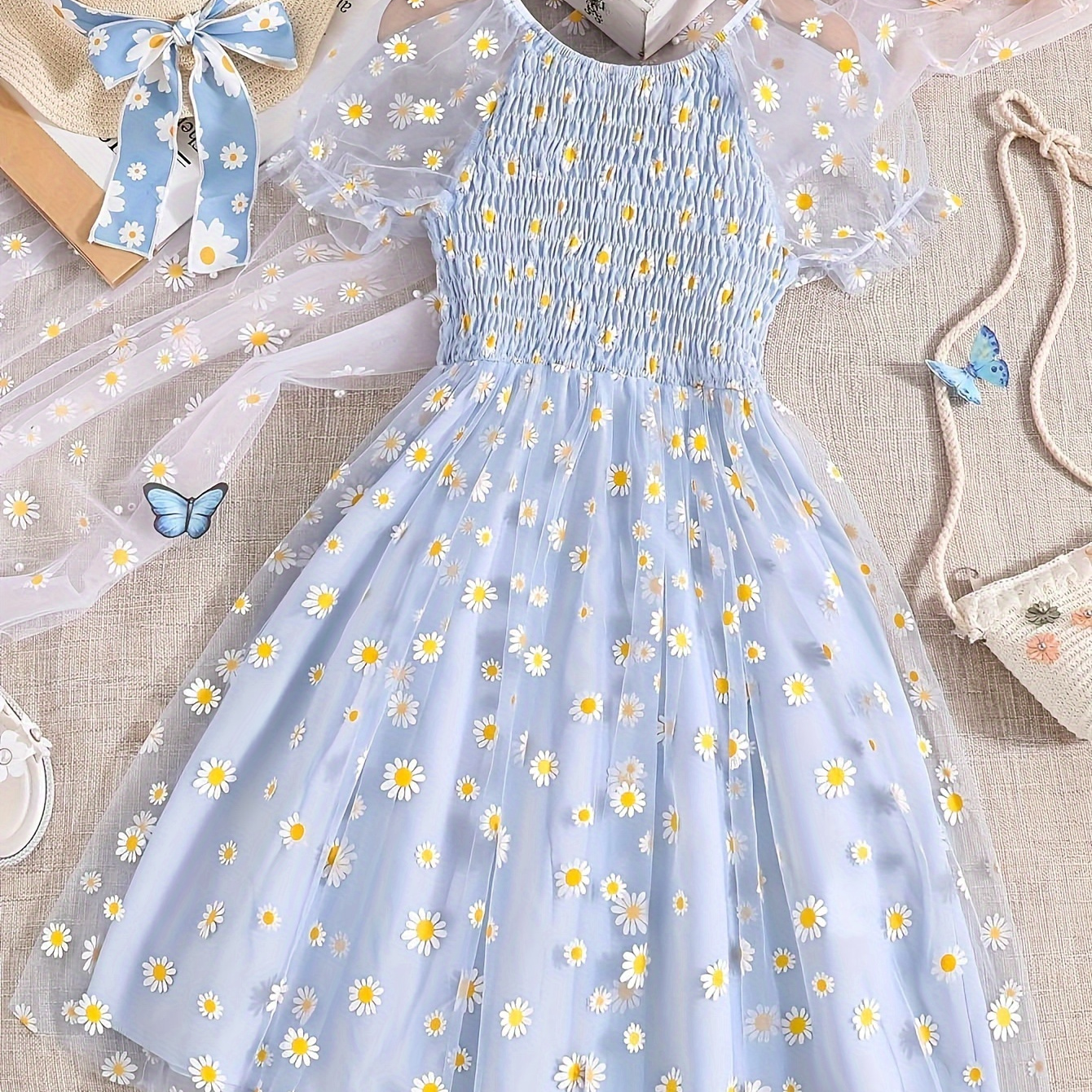 

Elegant Daisy Floral Mesh Layer Smocked Dress Girls Casual Vacation Dresses Summer Gift