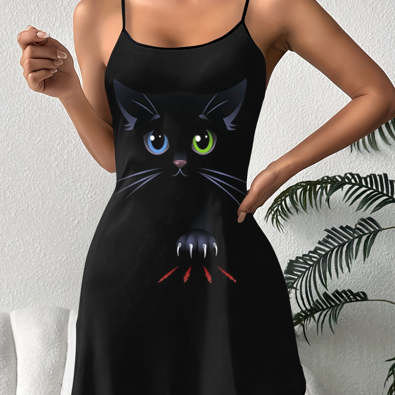 

Women's Cartoon Cat Print Casual Frill Trim Sleepwear Dress, Round Neck Backless Slip Dress, Comfortable Nightgown